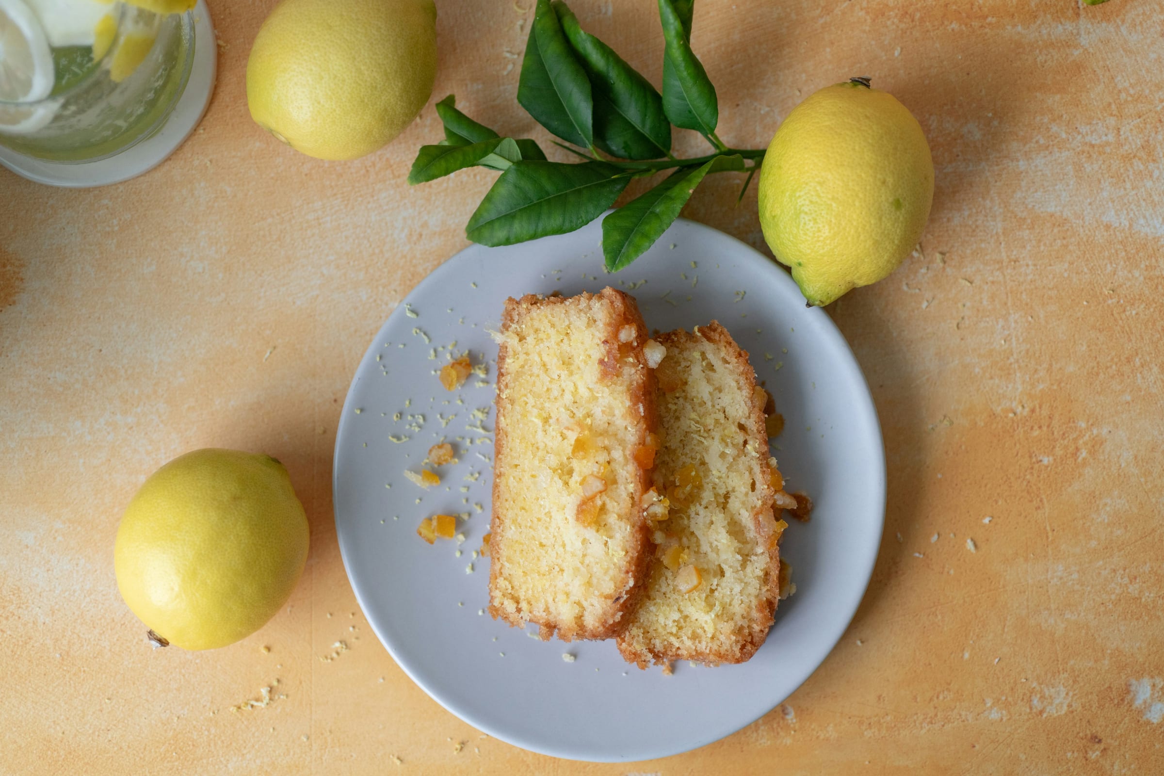 Two slices of glazed lemon loaf cake