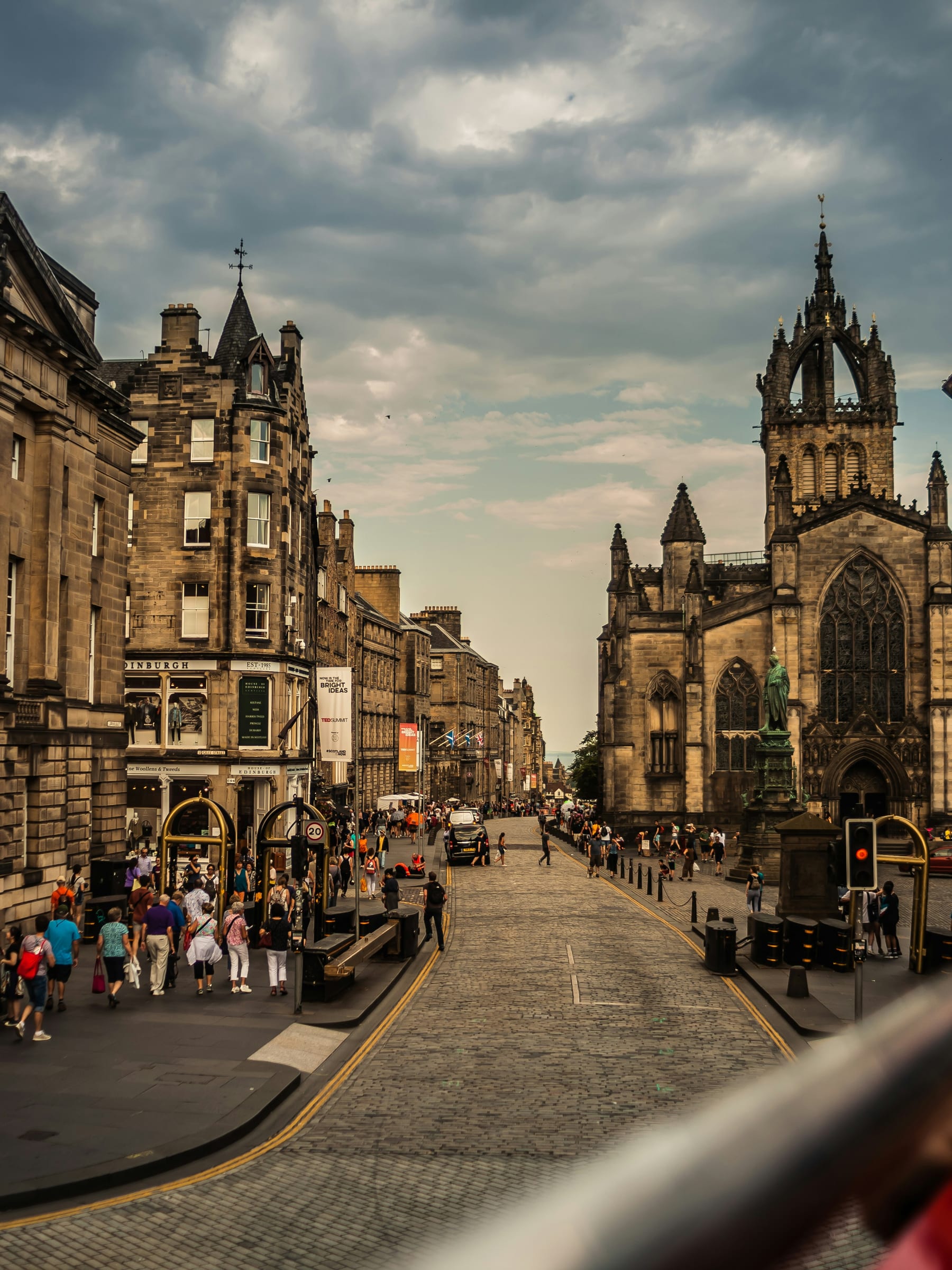 An Edinburgh street lined with historic stone buildings